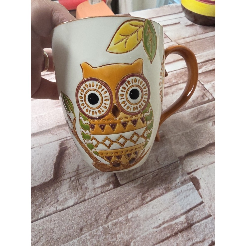 Ceramic Owl Coffee Tea Mug Cup Tree Leaf Orange Green Yellow‎